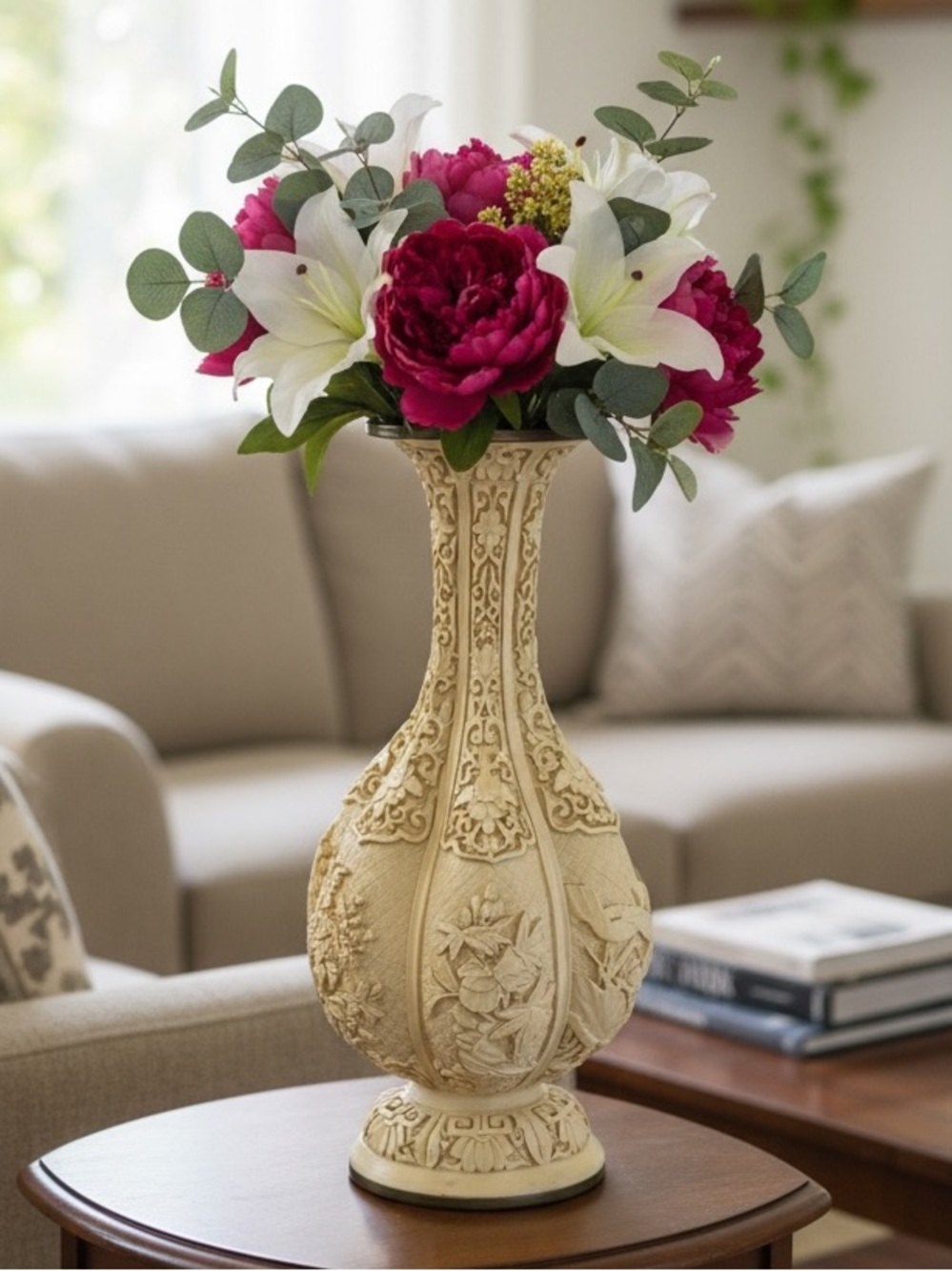 Vintage Large Intricate Resin with Brass Top and Bottom Vase
